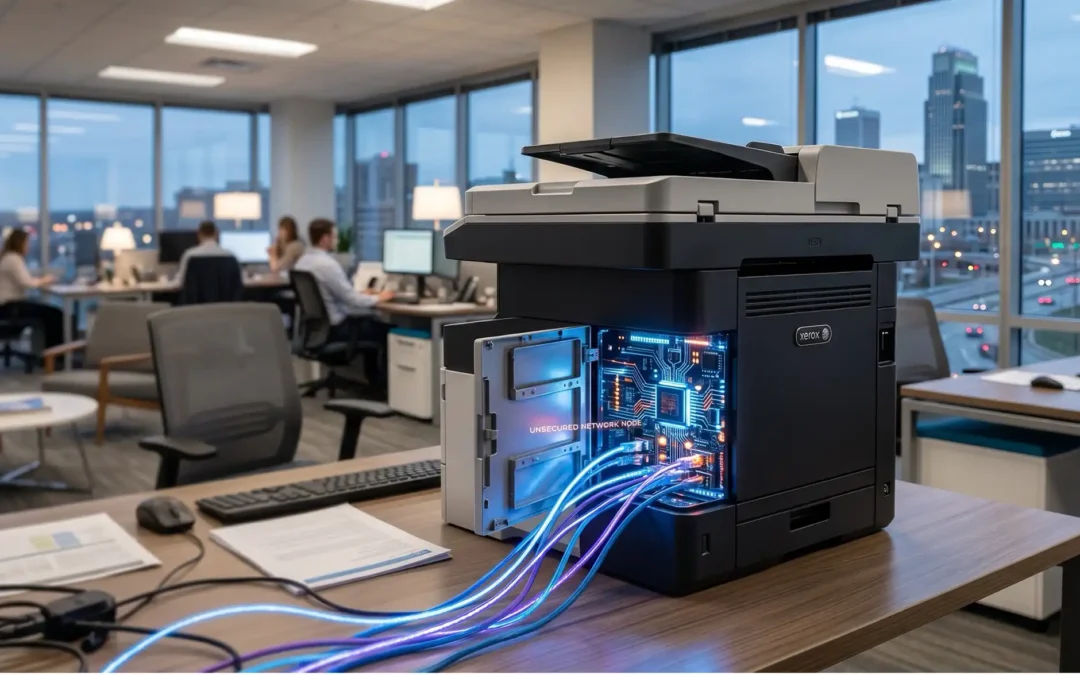 An office multifunction printer sitting on a desk with its side panel open, revealing a glowing circuit board and blue cables representing an unsecured network node.