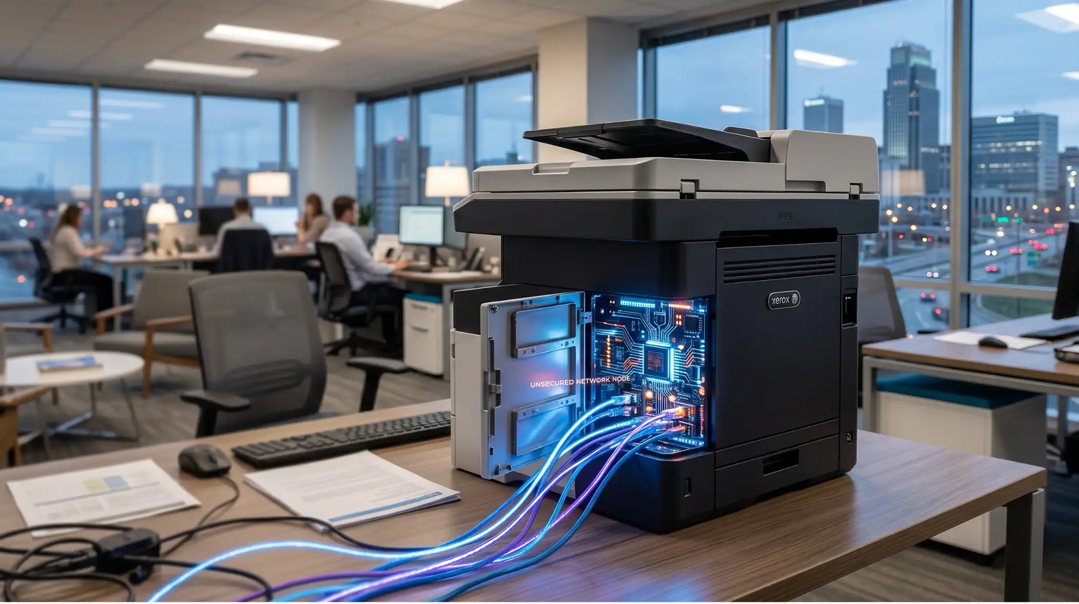 An office multifunction printer sitting on a desk with its side panel open, revealing a glowing circuit board and blue cables representing an unsecured network node. - Bishop Business